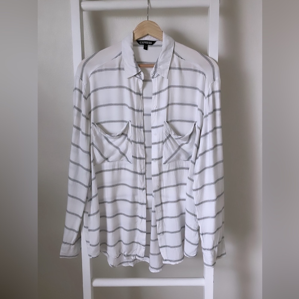 Express Black and White Striped Button Down Blouse